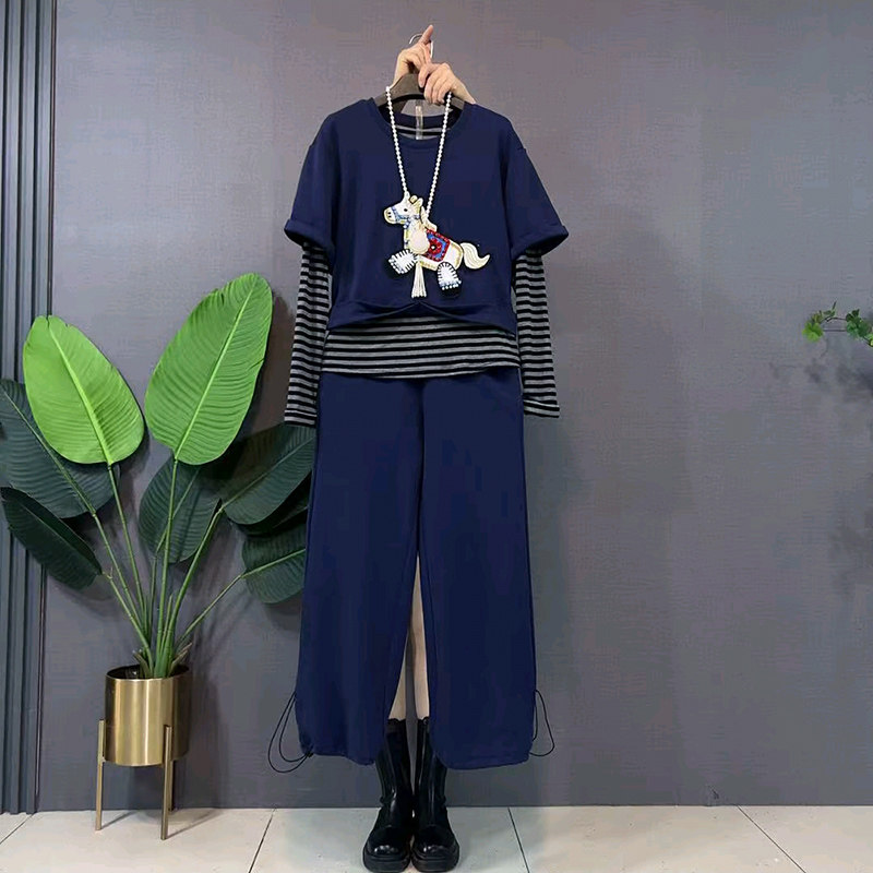 胖mm显瘦卡通小马卫衣简约大码女装拼接条纹小衫春季新款裤子套装,淘宝优惠券,粉丝福利购,淘宝优惠卷