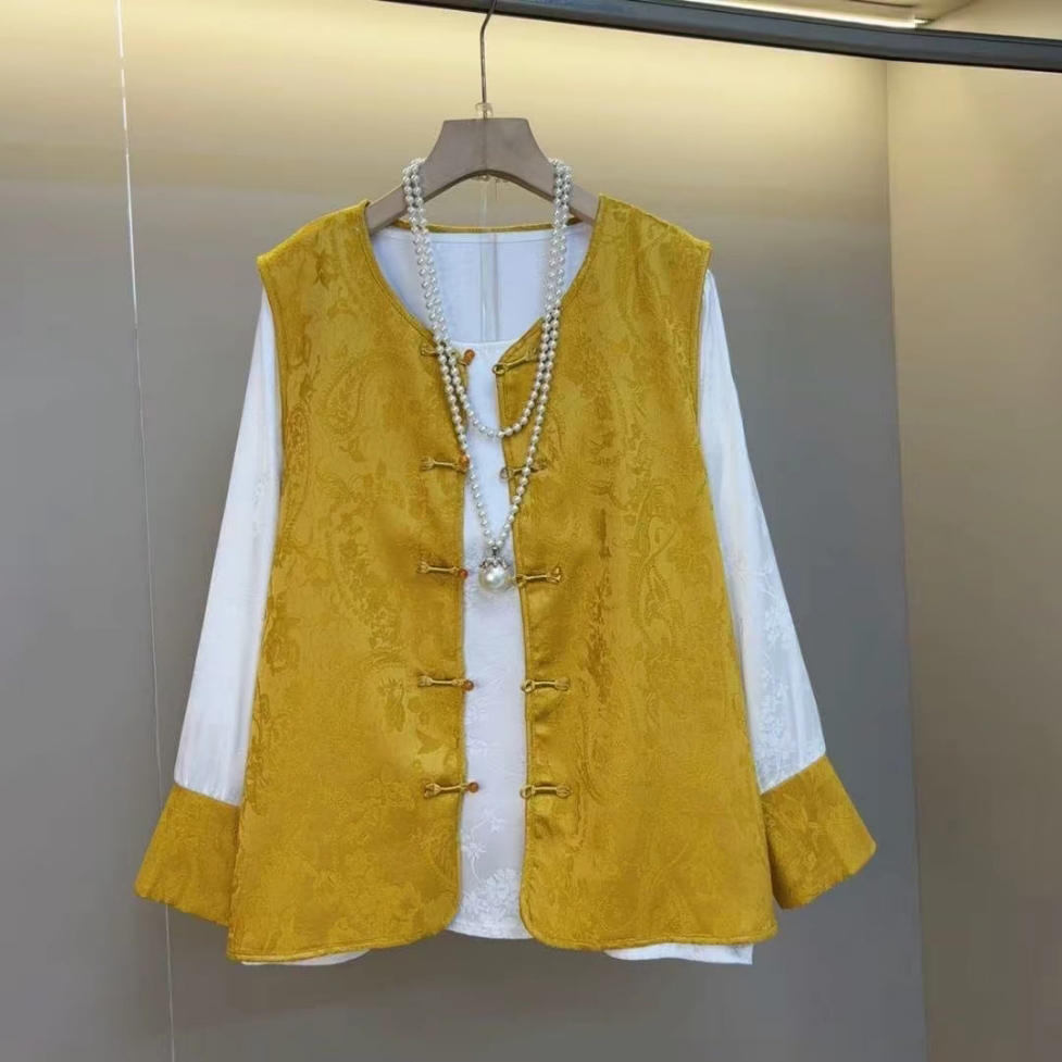 早秋新款暗花马甲拼色袖口打底衫两件套胖MM显瘦大码女装国风套装 - 图1