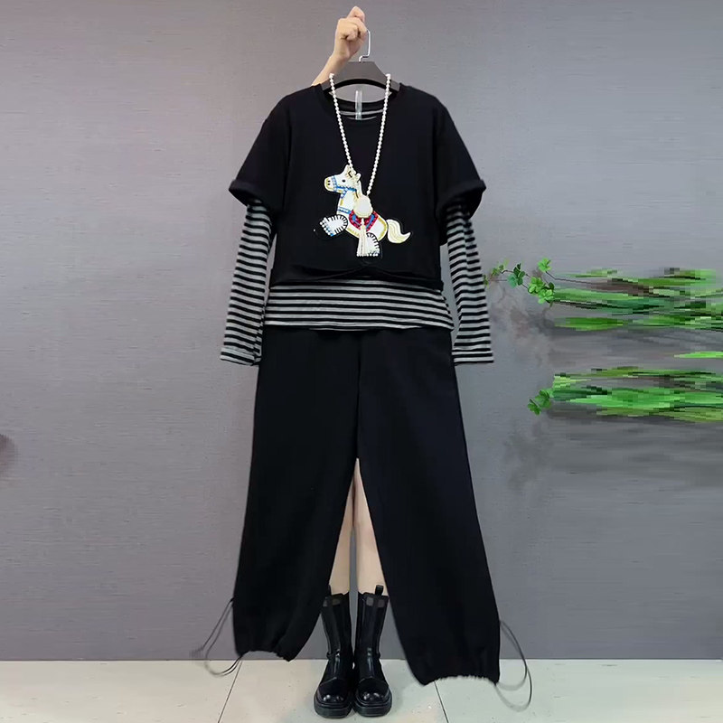 胖mm显瘦卡通小马卫衣简约大码女装拼接条纹小衫春季新款裤子套装,淘宝优惠券,粉丝福利购,淘宝优惠卷