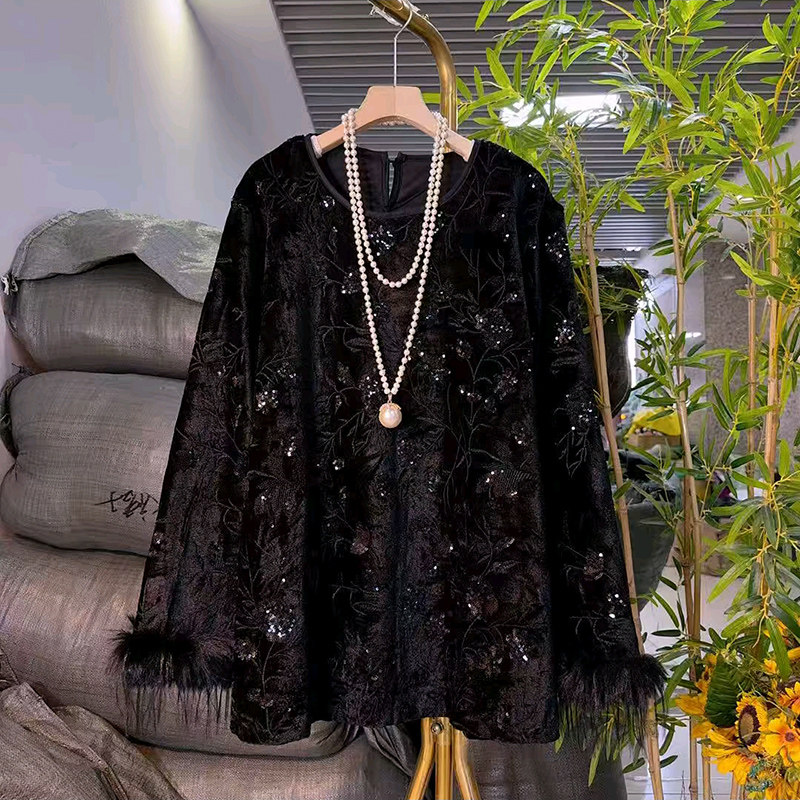 新中式大码女装国风丝绒亮片长衫胖妹妹显瘦复古大花百搭衬衫上衣,淘宝优惠券,粉丝福利购,淘宝优惠卷