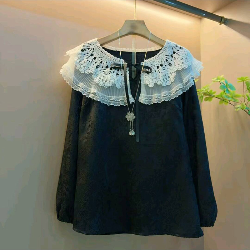新款韩版时尚洋气双层蕾丝娃娃领气质上衣大码女装胖mm遮肉长袖衫,淘宝优惠券,粉丝福利购,淘宝优惠卷