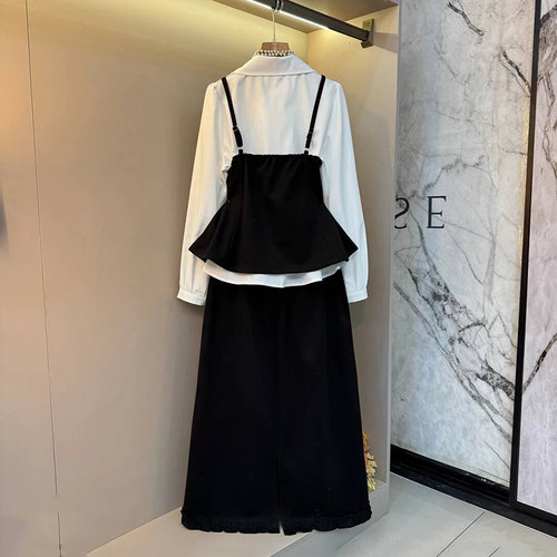 新款时尚高级感气质法式修身大码女装胖mm衬衫吊带马甲半身裙套装 - 图0