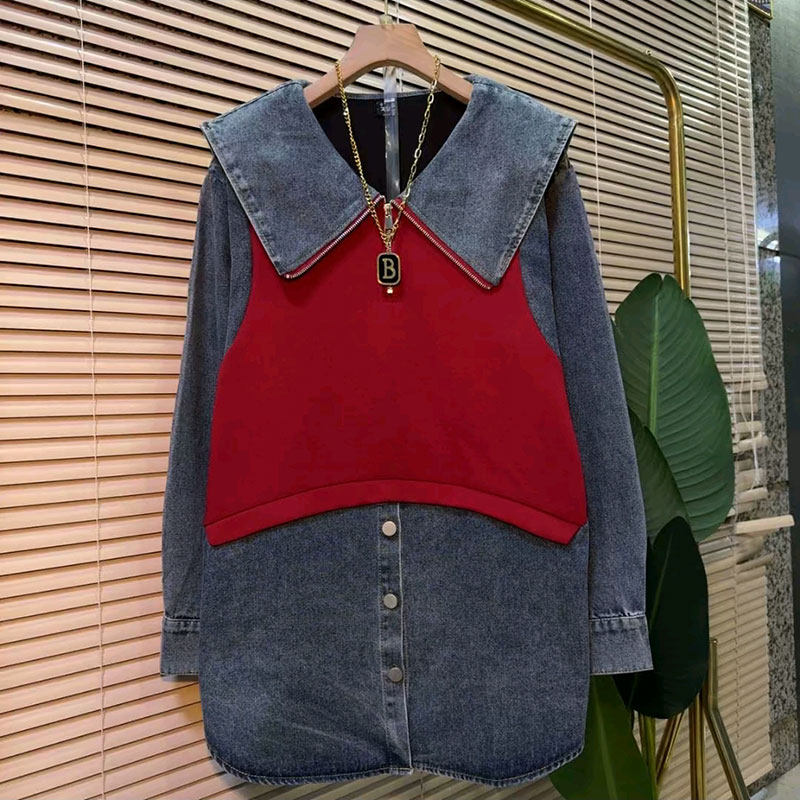 2026春季新款欧货时尚娃娃领牛仔拼接假两件上衣大码女装洋气卫衣,淘宝优惠券,粉丝福利购,淘宝优惠卷