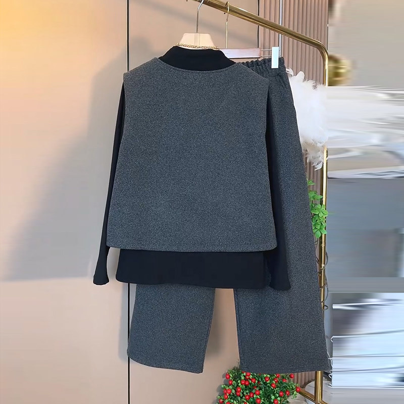 秋季爆款大码女装时尚高级感纽扣牙签呢马甲打底衫裤子休闲三件套,淘宝优惠券,粉丝福利购,淘宝优惠卷