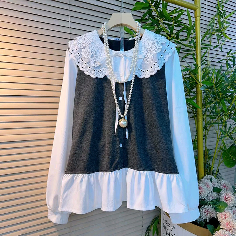 娃娃领大码女装小衫2026春季新款拼接系绳上衣胖mm显瘦纽扣开衫潮,淘宝优惠券,粉丝福利购,淘宝优惠卷