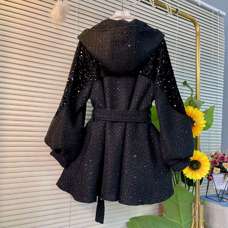 新款欧货洋气亮片拼接连帽拉链腰带外套大码女装胖mm收腰显瘦上衣,淘宝优惠券,粉丝福利购,淘宝优惠卷