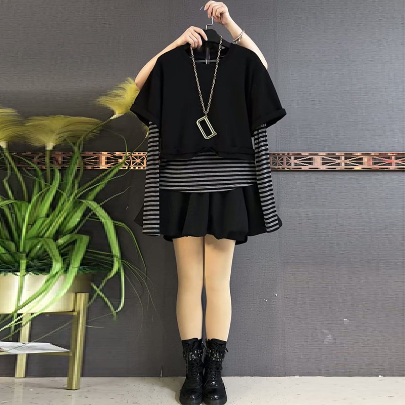 胖mm显瘦拼接条纹上衣2026春季新款假两件衬衫大码女装半身裙套装,淘宝优惠券,粉丝福利购,淘宝优惠卷