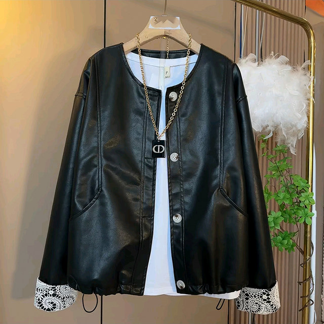 Lace stitching high-end leather large size jacket