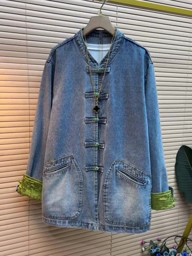 2024春新款微胖显瘦女装大码小众爆款新中式时尚设计牛仔外套衬衫 - 图1