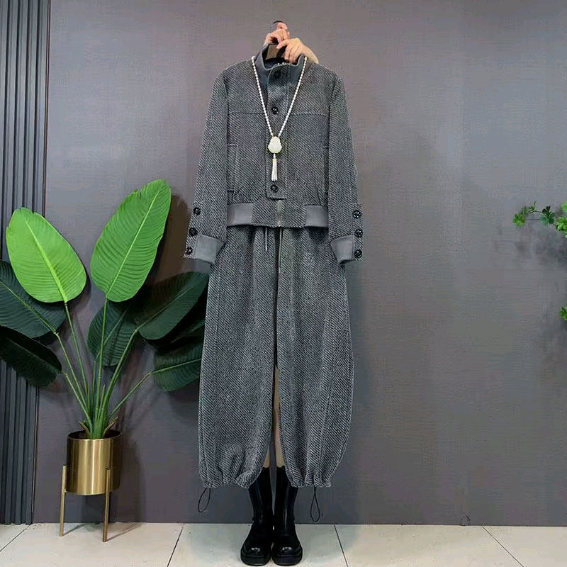 慵懒风春季新款百搭外套立领长袖上衣抽绳裤子两件套大码女装遮肉,淘宝优惠券,粉丝福利购,淘宝优惠卷