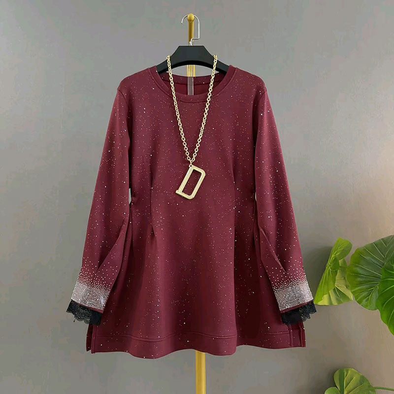 2026春季新款时尚圆领袖口烫钻拼蕾丝满天星宽松遮肉大码女装上衣,淘宝优惠券,粉丝福利购,淘宝优惠卷