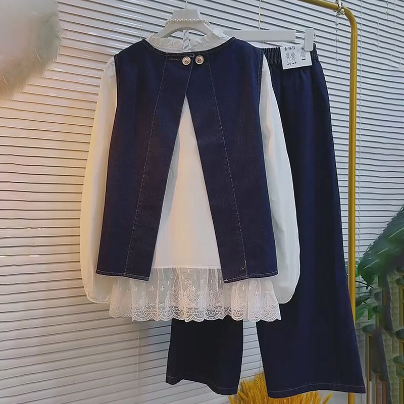 早秋新款大码女装三件套简约款马甲蕾丝边打底衫阔腿裤胖妹妹套装,淘宝优惠券,粉丝福利购,淘宝优惠卷