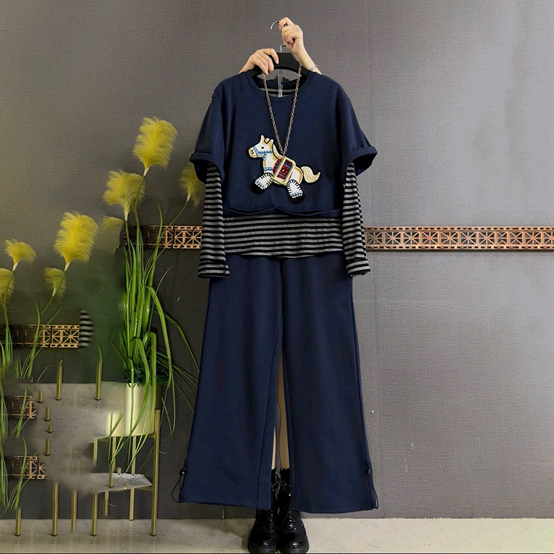 胖mm春季新款大码女装时尚假两件马图拼接条纹上衣松紧腰裤子套装,淘宝优惠券,粉丝福利购,淘宝优惠卷