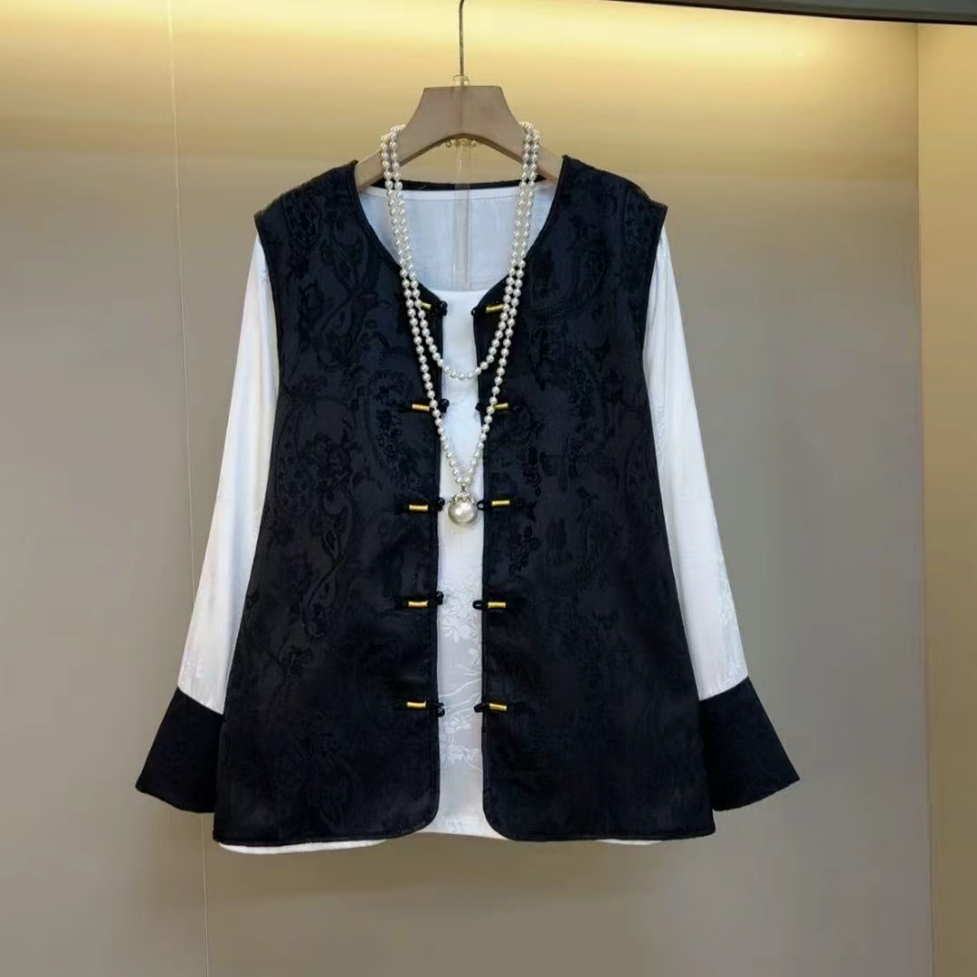 早秋新款暗花马甲拼色袖口打底衫两件套胖MM显瘦大码女装国风套装 - 图2