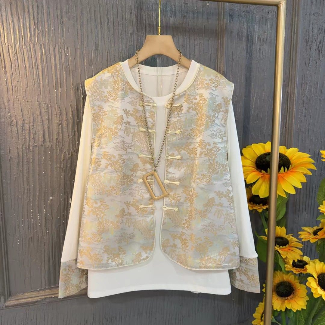 新中式大码女装国风2024马甲提花打底上衣两件套宽松冬季遮肉显瘦,淘宝优惠券,粉丝福利购,淘宝优惠卷