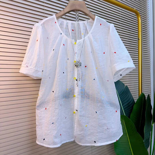 欧货2025新款大码女装韩版刺绣爱心设计款上衣胖mm清凉百搭小衫潮 - 图0