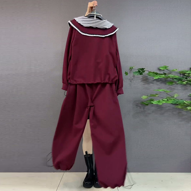 大码女装条纹娃娃领卫衣阔腿裤两件套韩版显瘦上衣休闲裤子套装潮,淘宝优惠券,粉丝福利购,淘宝优惠卷