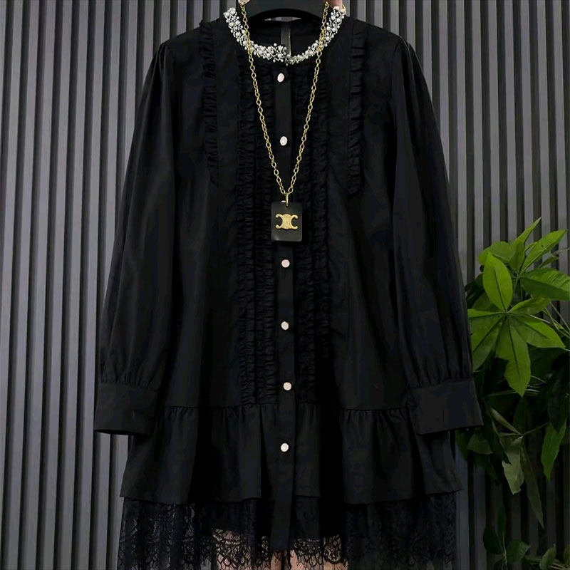 新款时尚钉珠圆领蕾丝拼接衬衫裙大码女装胖mm宽松遮肉显瘦大衫裙,淘宝优惠券,粉丝福利购,淘宝优惠卷