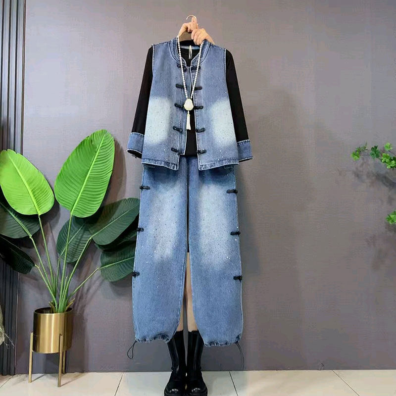 复古牛仔烫钻新中式盘扣立领马甲打底衫裤子三件套大码女装上衣春,淘宝优惠券,粉丝福利购,淘宝优惠卷