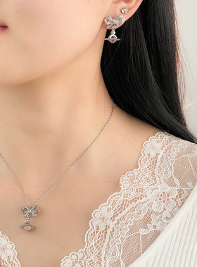 高版本紫色蝴蝶结土星项链女小众高版本立体满锆星球项饰颈链