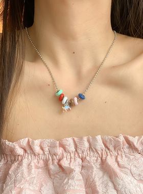 多巴胺系彩色糖豆项链ins风蓝色斑点小狗锁骨链甜酷百搭高级颈链