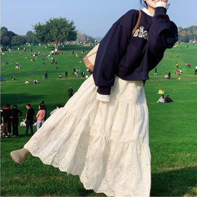 Mid-length cake skirt Korean style A-line lace skirt