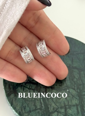 Blueincoco T方耳环S925纯银满镶嵌锆石耳钉气质小众简约耳饰耳圈
