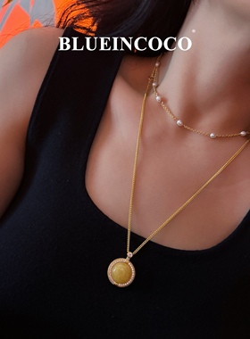 老钱风气质复古蜜蜡毛衣链纯银