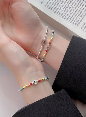 正品香港正生彩虹笑脸925银饰手链ins小众设计小众小众气质手串送