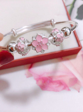 香港正生纯银木棉花推拉手镯足银999女银饰手链小红书樱花镯子