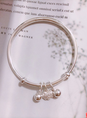 香港正生纯银光面长命富贵铃铛学生手镯9999网红年轻送女友礼礼物