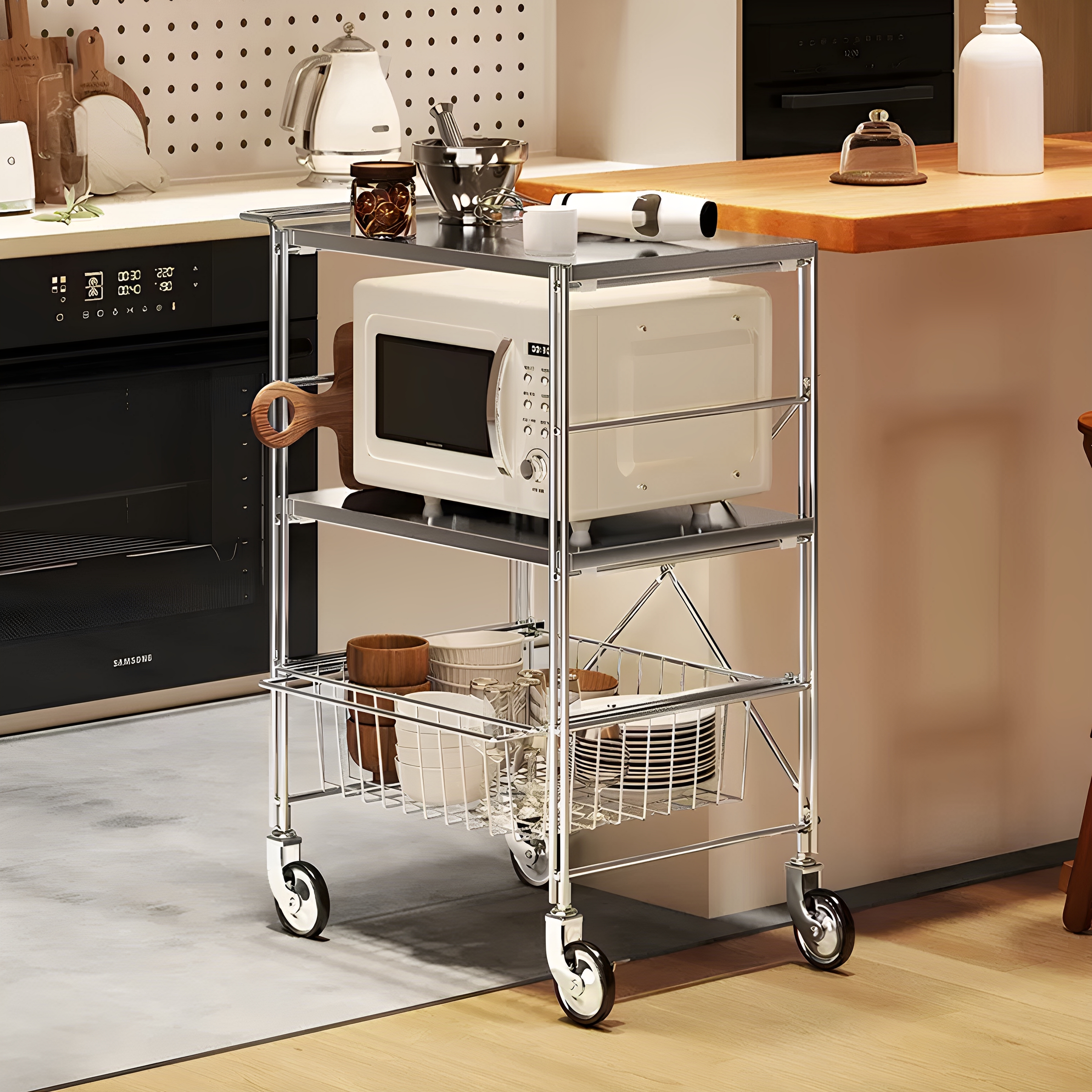 厨房置物架微波炉收纳家用不锈钢小推车餐车烤箱烤盘储物2025新款