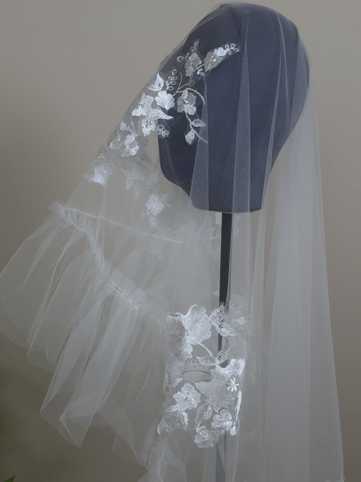 美高荷叶边复古蕾丝头纱新娘婚纱配饰品摄影样片旅拍外景造型写真