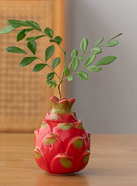 陶瓷火龙果红红火火绿萝铜钱草花瓶家居桌面陶瓷水培花器插花摆件