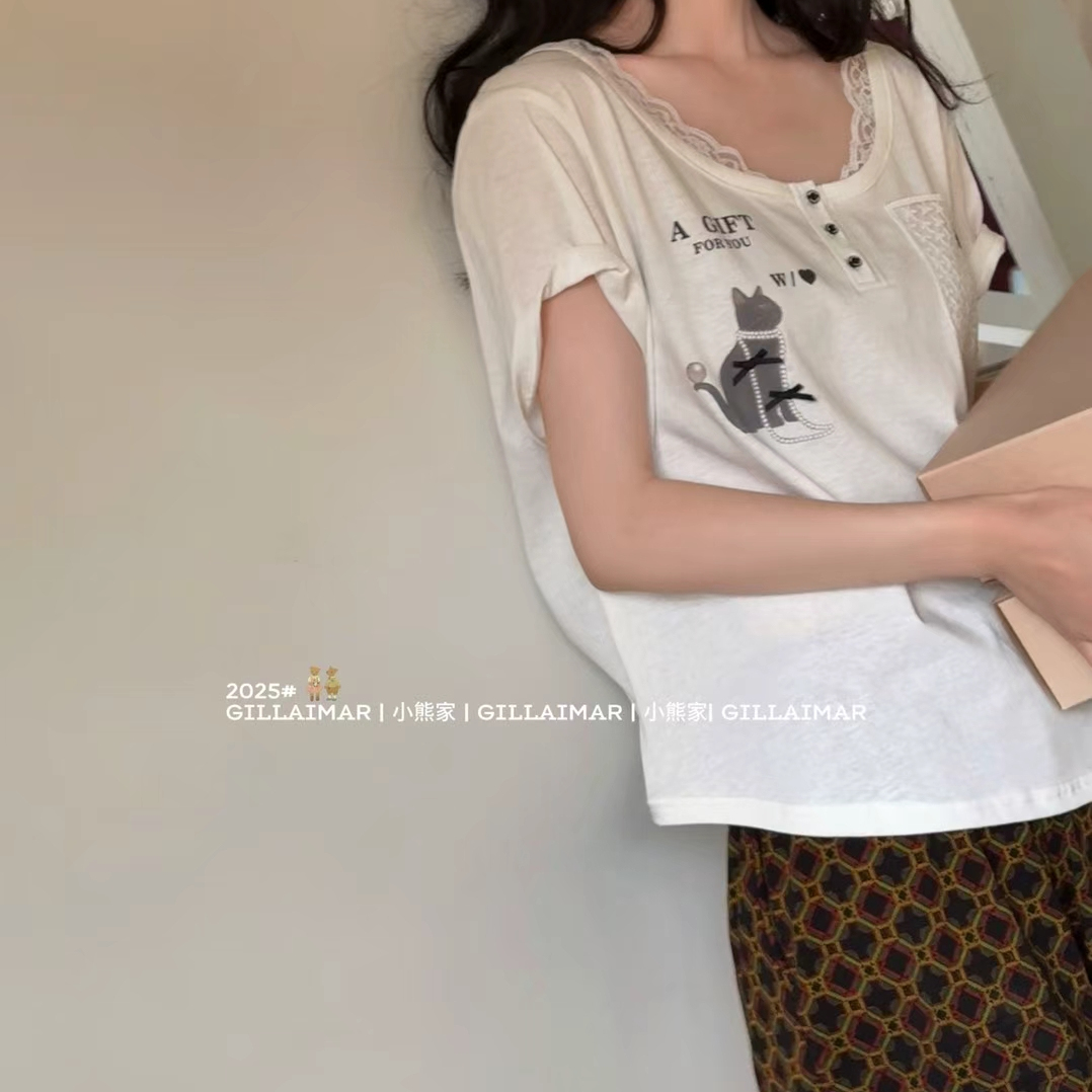 Gill Aimar小熊家2025春夏新款棉质短袖短裤家居服女白色小清新 - 图0