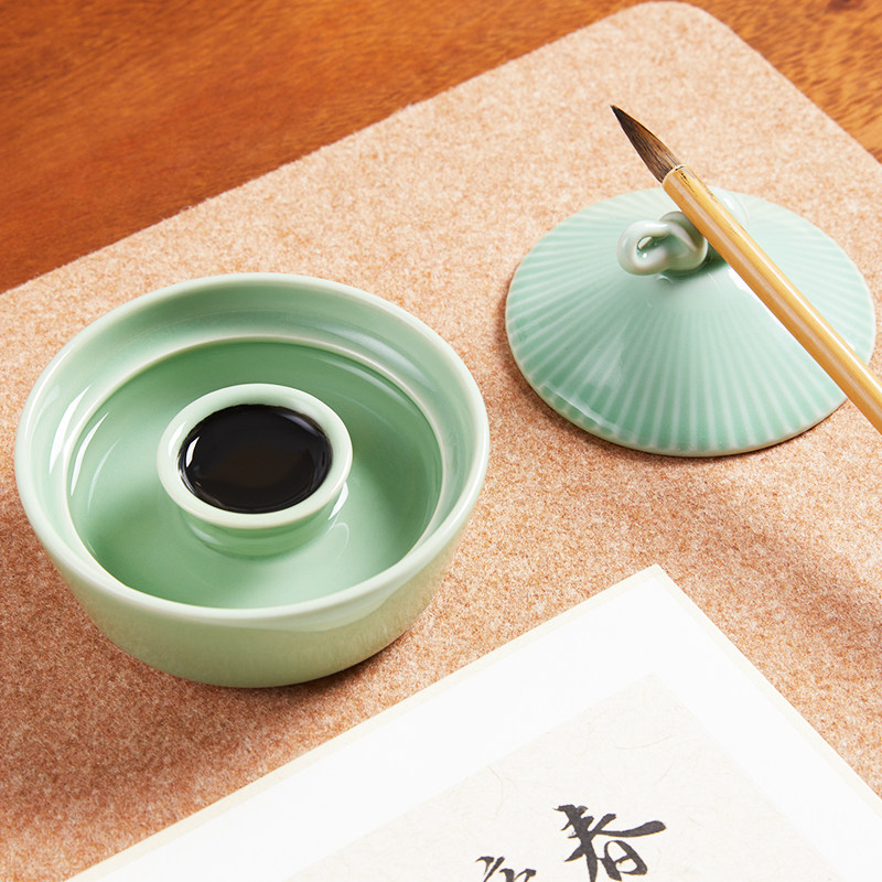 六品堂双圈带盖陶瓷火锅砚台多功能书法墨碟防蒸发不干墨复古墨池毛笔笔搁文房四宝摆件学生书画专用保湿墨盒,淘宝优惠券,粉丝福利购,淘宝优惠卷