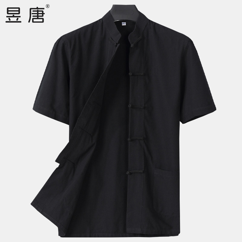 中国风唐装男上衣短袖中老年复古中式立领居士服老粗布纯棉禅服夏,淘宝优惠券,粉丝福利购,淘宝优惠卷