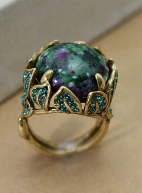 中古vintage复古法式树叶设计高级感天然无彩石开口戒指指环女