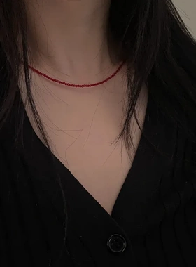 巨显白红色尖晶石串珠项链简约感锁骨链颈链百搭气质叠戴项链