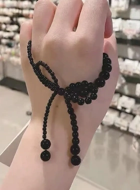 韩风黑白珍珠蝴蝶结项链饰品手工满珠女不对称配饰流苏锁骨链颈链