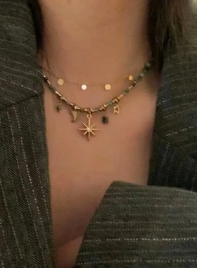 复古串珠叠戴项链女波西米亚太阳花小众设计锁骨链颈链毛衣链配饰