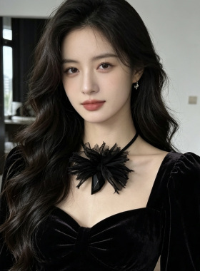 原创设计真丝项链女黑色桑蚕丝黑曜石吊坠轻奢小众百搭颈花choker