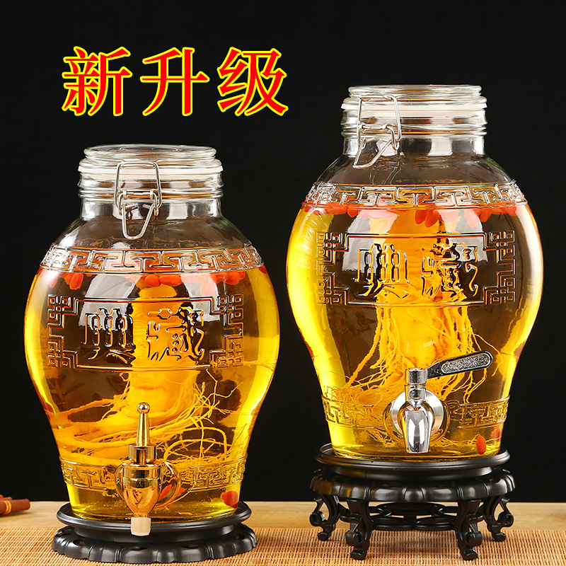 High-end sealed wine glass bottle with faucet household wine jar ginseng wine bottle 10 catties medicinal wine soaking jar