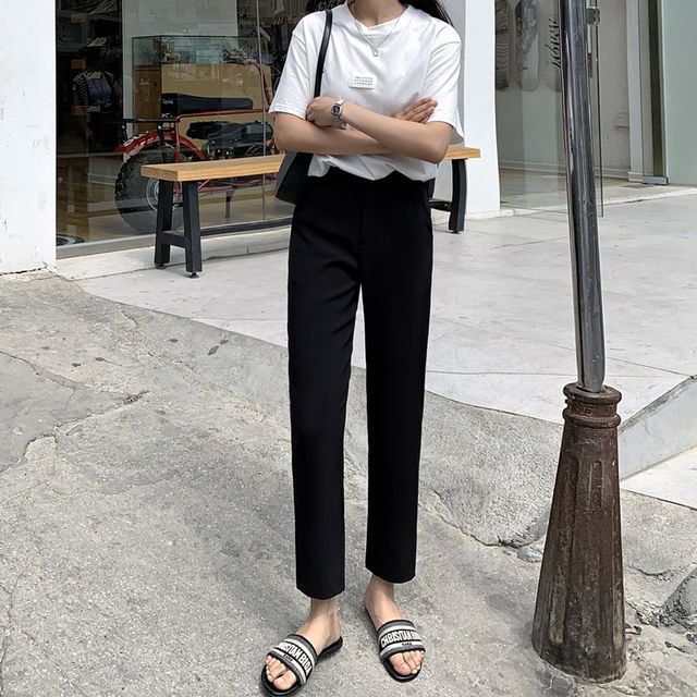 Spring and summer straight high waist women's nine-point suit pants slit