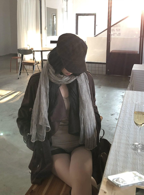 复古文艺褶皱长条高级感围巾