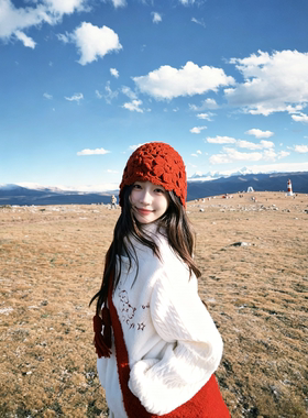川西旅游针织镂空帽女复古手工钩花毛线帽民族风套头红色帽子出游