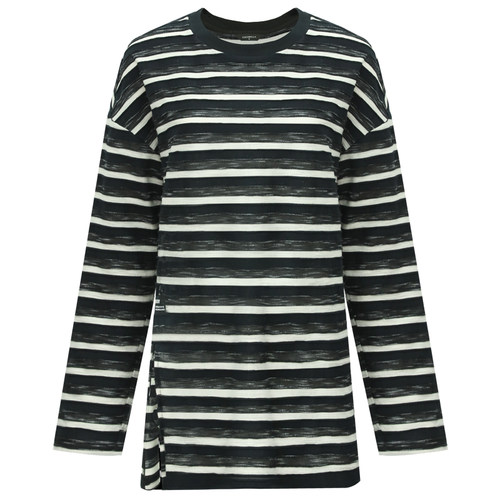 COCOBELLA立体段彩黑白色织条纹长袖T恤女侧开叉休闲上衣TS99 - 图3