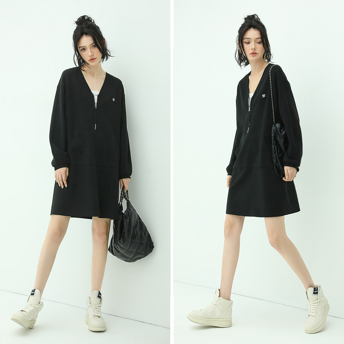 COCOBELLA绝绝紫穿搭大V领长袖针织连衣裙纯色系卫衣裙FR153,淘宝优惠券,粉丝福利购,淘宝优惠卷