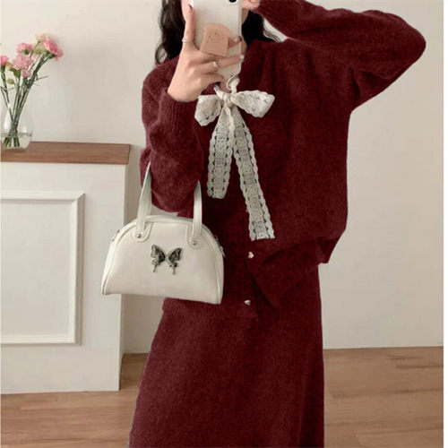 韩系蕾丝花边拼接圆领针织套装女春秋新款蝴蝶结毛衣半身裙两件套 - 图0
