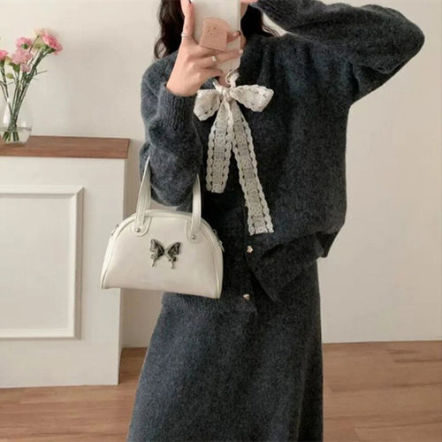 韩系蕾丝花边拼接圆领针织套装女春秋新款蝴蝶结毛衣半身裙两件套 - 图2